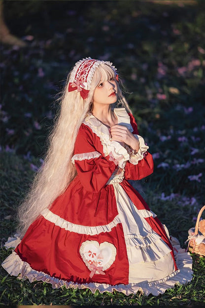 Gothic Lolita Dress - Cider House, Red, Ruffled, Printed, Long Sleeves - additional product view 10