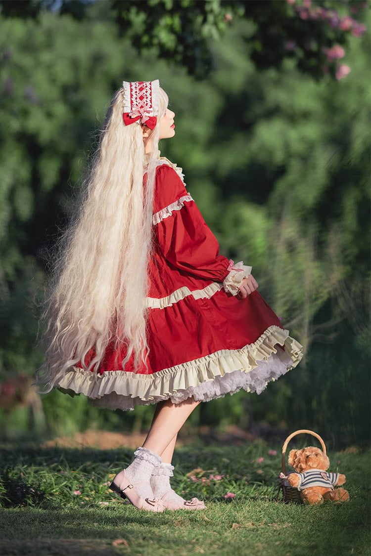Gothic Lolita Dress - Cider House, Red, Ruffled, Printed, Long Sleeves - additional product view 11