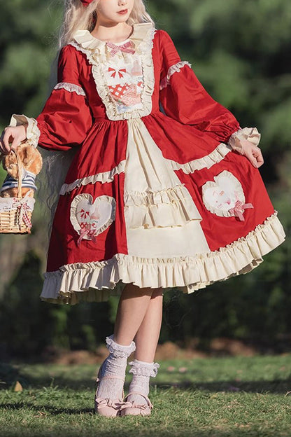 Gothic Lolita Dress - Cider House, Red, Ruffled, Printed, Long Sleeves - main product image
