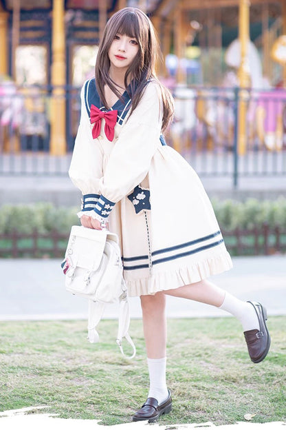 Gothic Lolita Dress - College Navy Style Bowknot, Ivory, Bow Detail, Ruffled, Long Sleeves - additional product view 2