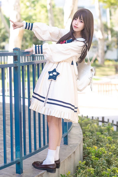 Gothic Lolita Dress - College Navy Style Bowknot, Ivory, Bow Detail, Ruffled, Long Sleeves - additional product view 3