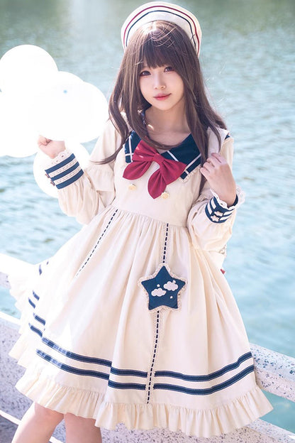 Gothic Lolita Dress - College Navy Style Bowknot, Ivory, Bow Detail, Ruffled, Long Sleeves - additional product view 4