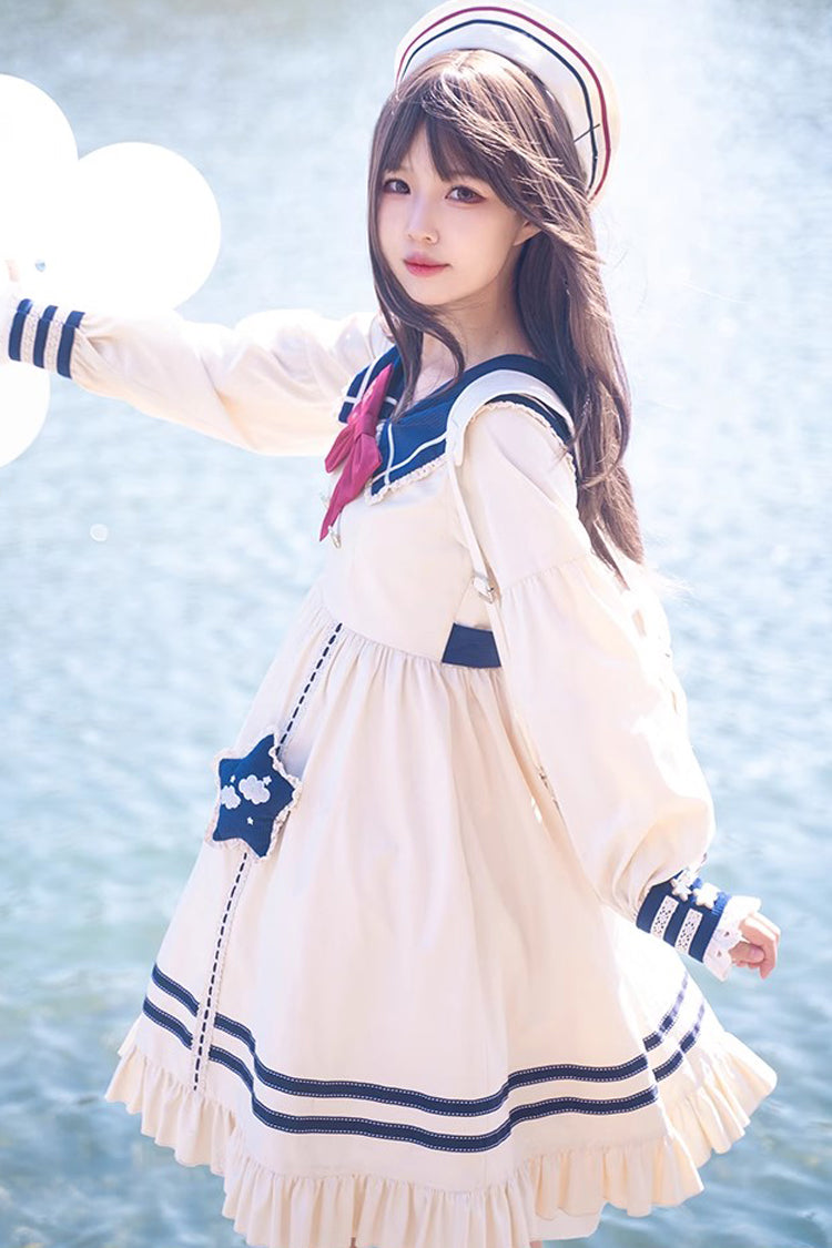 Gothic Lolita Dress - College Navy Style Bowknot, Ivory, Bow Detail, Ruffled, Long Sleeves - additional product view 5