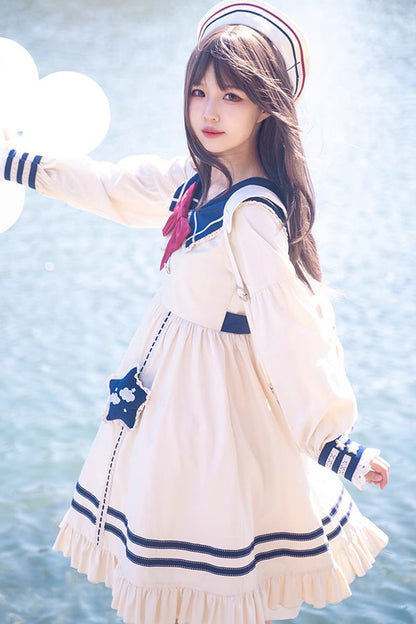 Gothic Lolita Dress - College Navy Style Bowknot, Ivory, Bow Detail, Ruffled, Long Sleeves - additional product view 5