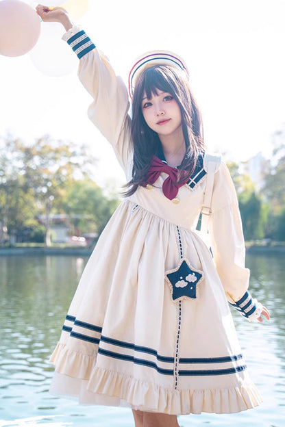 Gothic Lolita Dress - College Navy Style Bowknot, Ivory, Bow Detail, Ruffled, Long Sleeves - additional product view 6