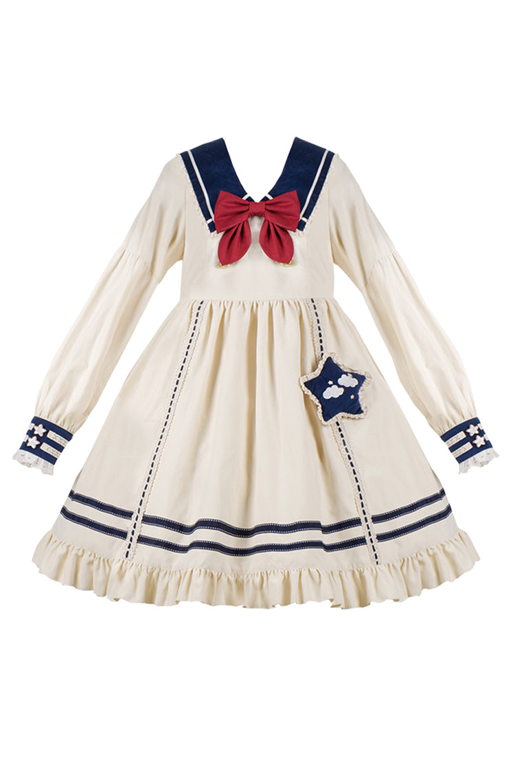 Gothic Lolita Dress - College Navy Style Bowknot, Ivory, Bow Detail, Ruffled, Long Sleeves - additional product view 7