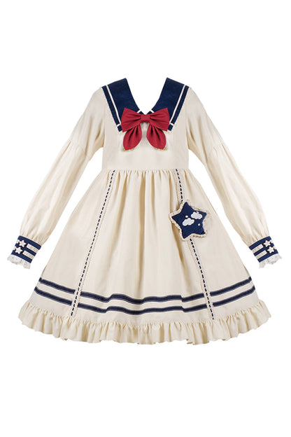 Gothic Lolita Dress - College Navy Style Bowknot, Ivory, Bow Detail, Ruffled, Long Sleeves - additional product view 7