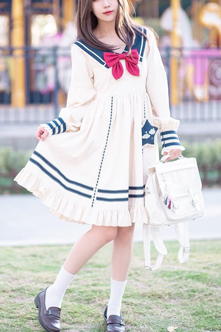 Gothic Lolita Dress - College Navy Style Bowknot, Ivory, Bow Detail, Ruffled, Long Sleeves - main product image