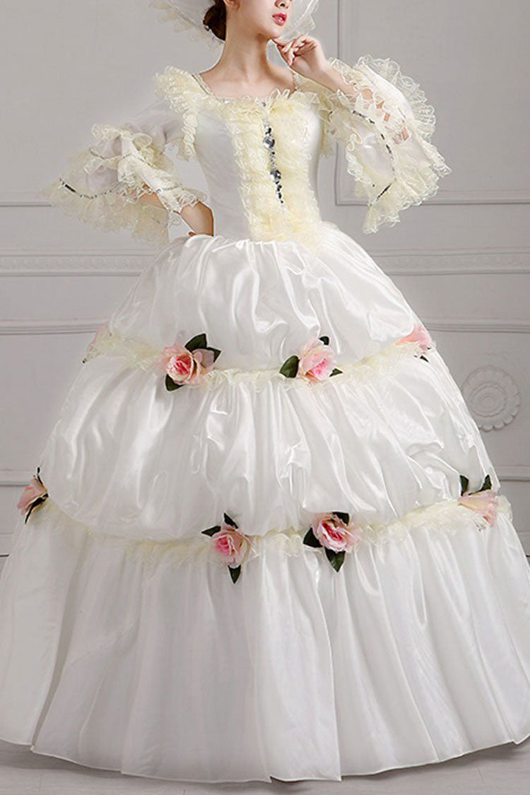 Gothic Lolita Dress - Court Style High Waisted Flowers, White, High Waist, Classic Style - main product image