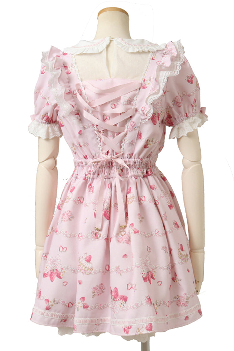 Gothic Lolita Dress - Creamy Berry, Pink, Puff Sleeves, Ruffled, Printed - additional product view 4