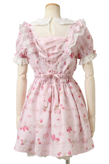 Gothic Lolita Dress - Creamy Berry, Pink, Puff Sleeves, Ruffled, Printed - additional product view 4
