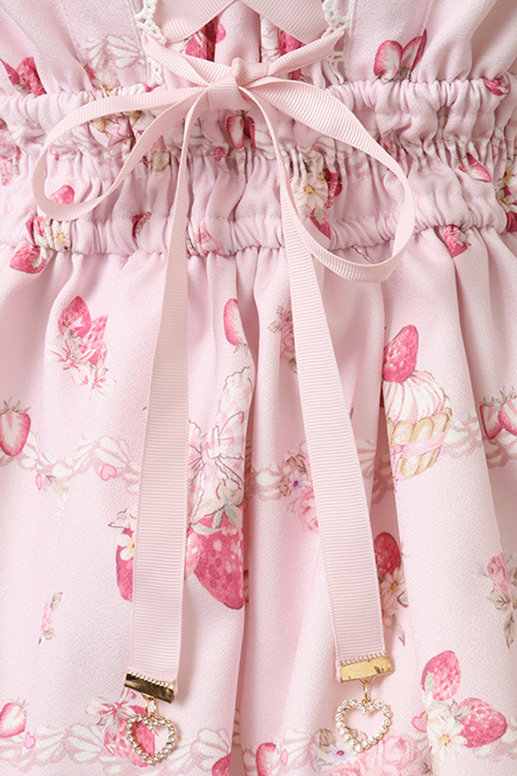 Gothic Lolita Dress - Creamy Berry, Pink, Puff Sleeves, Ruffled, Printed - additional product view 5