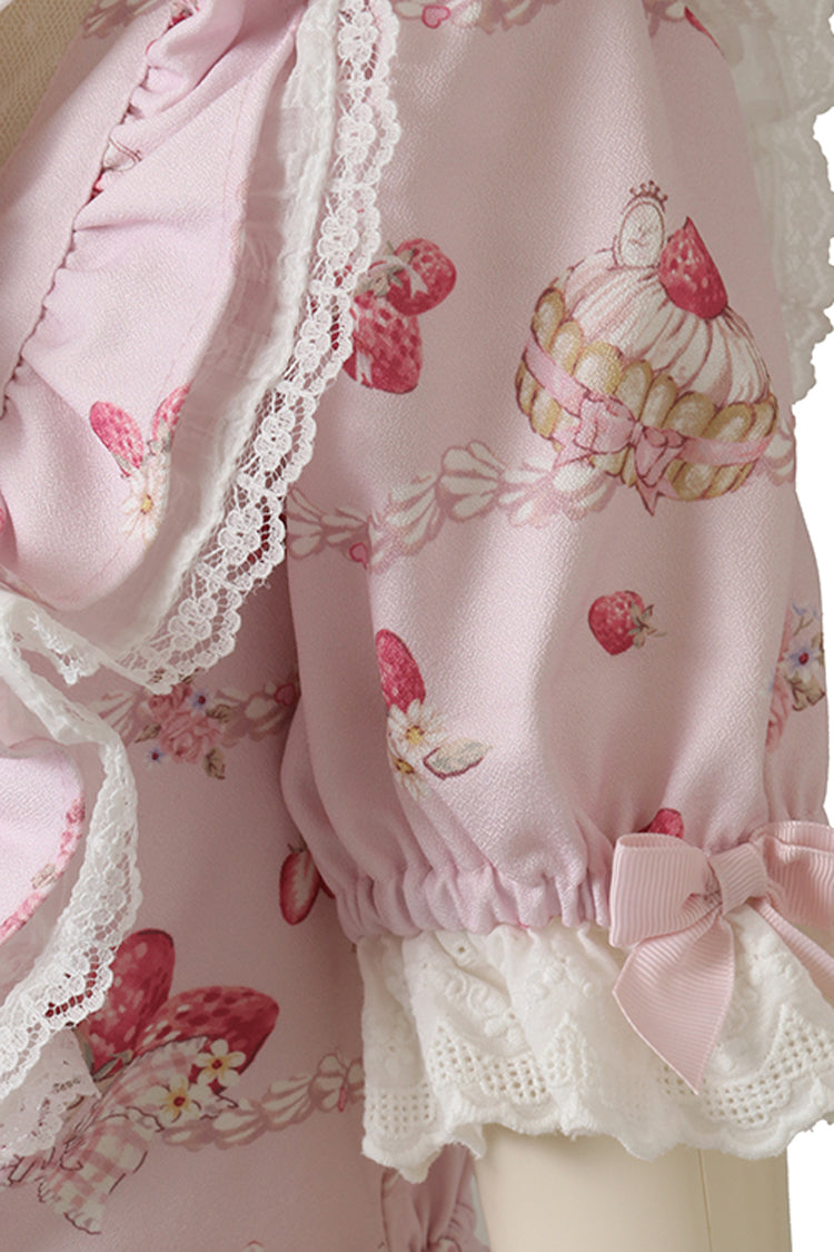 Gothic Lolita Dress - Creamy Berry, Pink, Puff Sleeves, Ruffled, Printed - additional product view 7