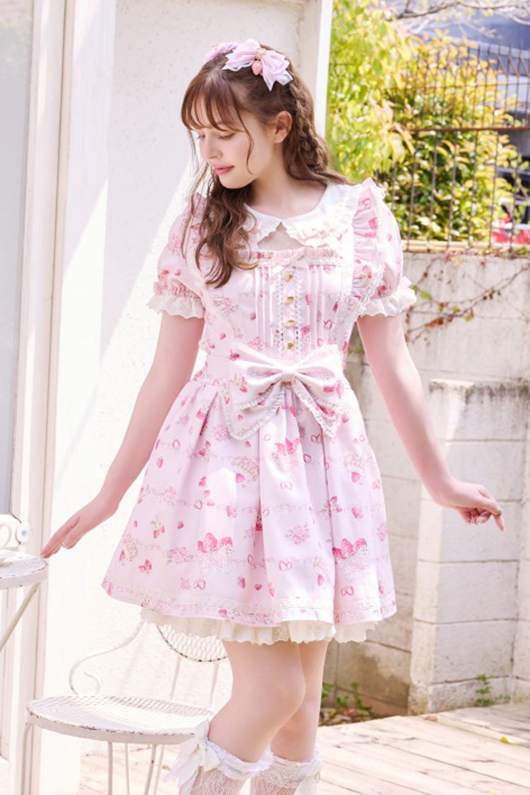 Gothic Lolita Dress - Creamy Berry, Pink, Puff Sleeves, Ruffled, Printed - main product image