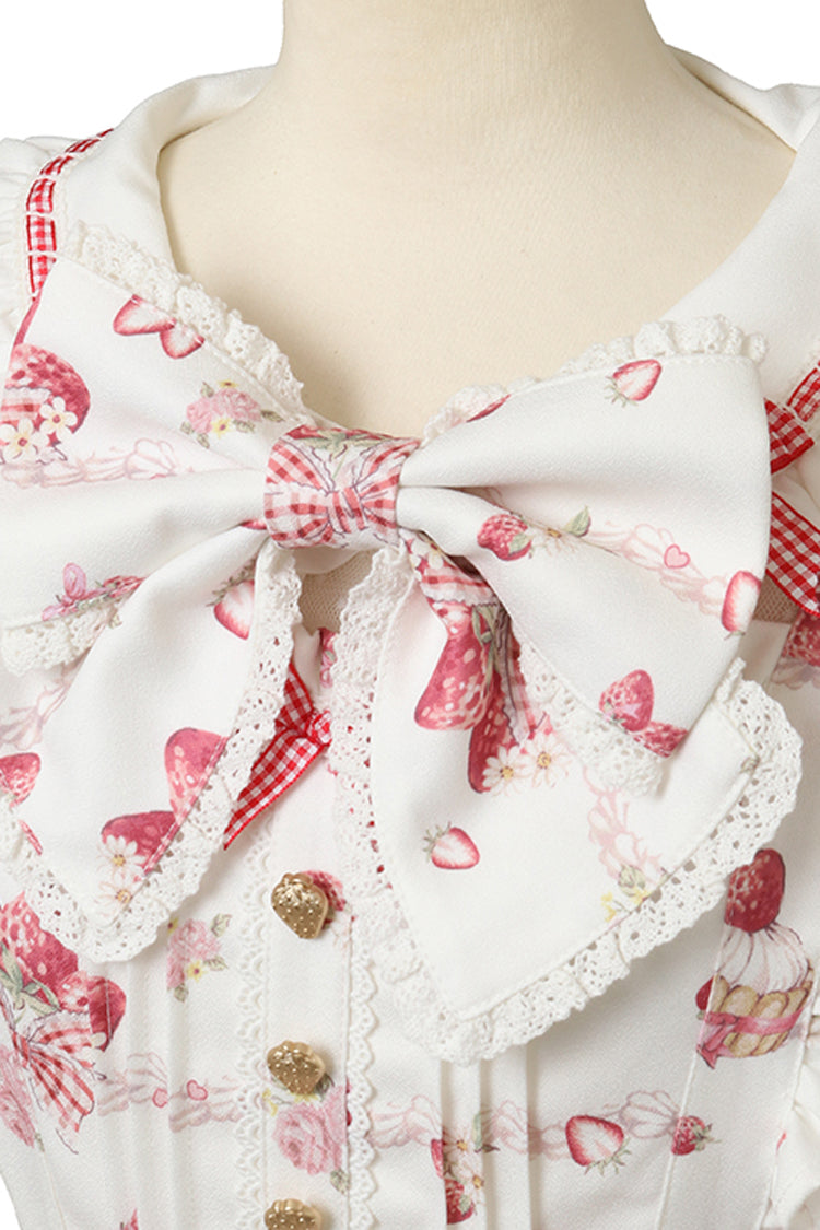 Gothic Lolita Dress - Creamy Berry, White, Puff Sleeves, Lace-Up, Sweet Style - additional product view 5