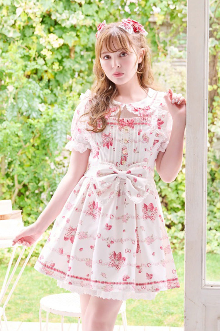 Gothic Lolita Dress - Creamy Berry, White, Puff Sleeves, Lace-Up, Sweet Style - main product image