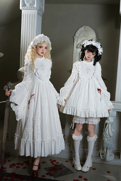 Gothic Lolita Dress - Cross Doll, White, Ruffled, Cross Detail, Long Sleeves - additional product view 10