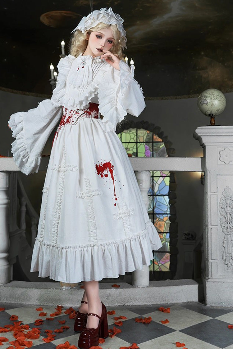 Gothic Lolita Dress - Cross Doll, White, Ruffled, Cross Detail, Long Sleeves - additional product view 12