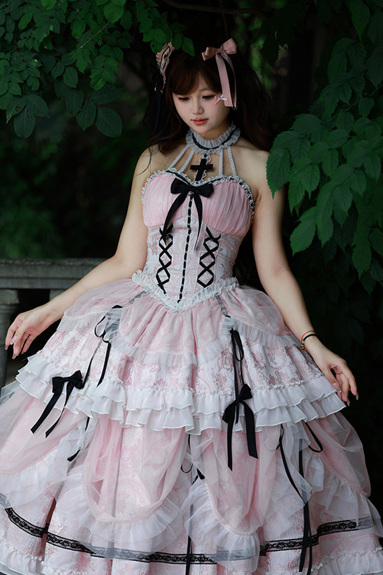 Gothic Lolita Dress - Cross Halterneck Ruffle Bowknot, Pink, Sweet Style, Bow Detail - additional product view 2
