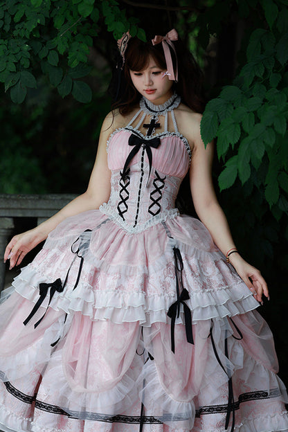 Gothic Lolita Dress - Cross Halterneck Ruffle Bowknot, Pink, Sweet Style, Bow Detail - additional product view 2