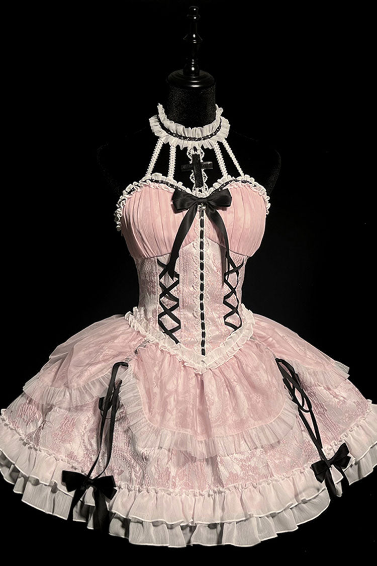Gothic Lolita Dress - Cross Halterneck Ruffle Bowknot, Pink, Sweet Style, Bow Detail - additional product view 3