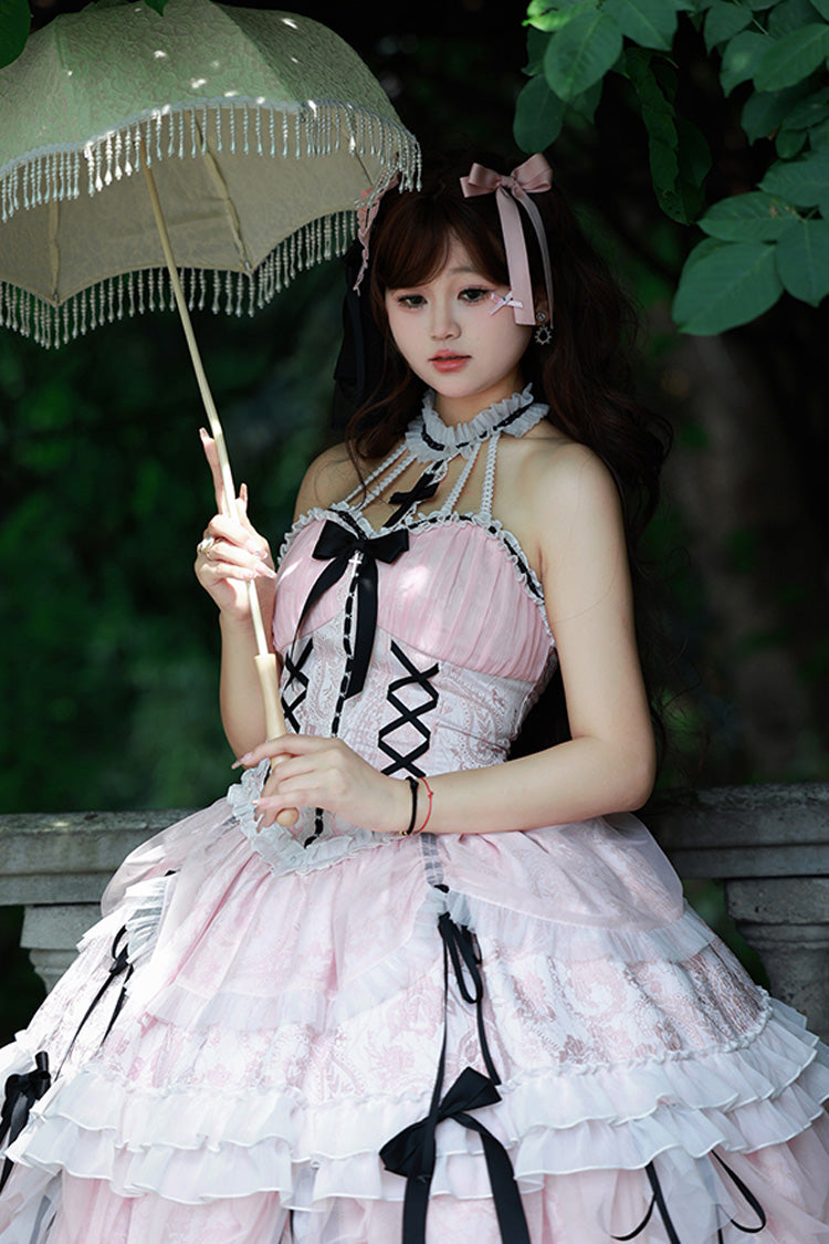 Gothic Lolita Dress - Cross Halterneck Ruffle Bowknot, Pink, Sweet Style, Bow Detail - additional product view 4