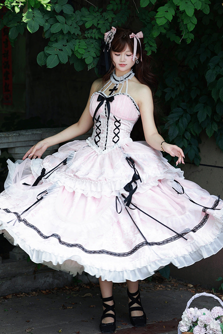 Gothic Lolita Dress - Cross Halterneck Ruffle Bowknot, Pink, Sweet Style, Bow Detail - additional product view 5