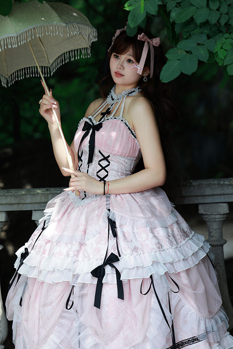 Gothic Lolita Dress - Cross Halterneck Ruffle Bowknot, Pink, Sweet Style, Bow Detail - additional product view 6