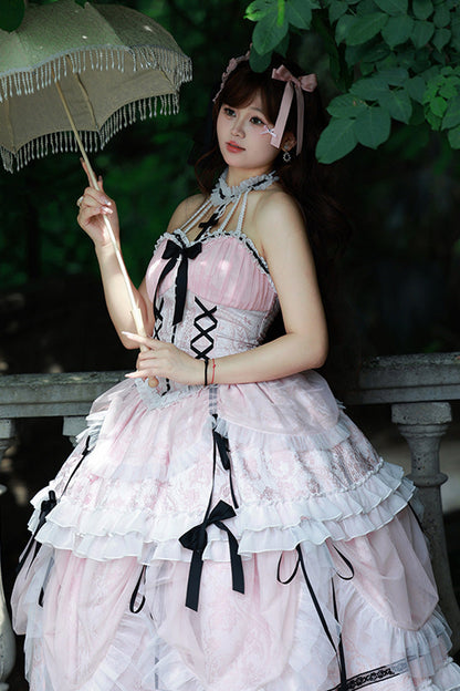 Gothic Lolita Dress - Cross Halterneck Ruffle Bowknot, Pink, Sweet Style, Bow Detail - additional product view 6