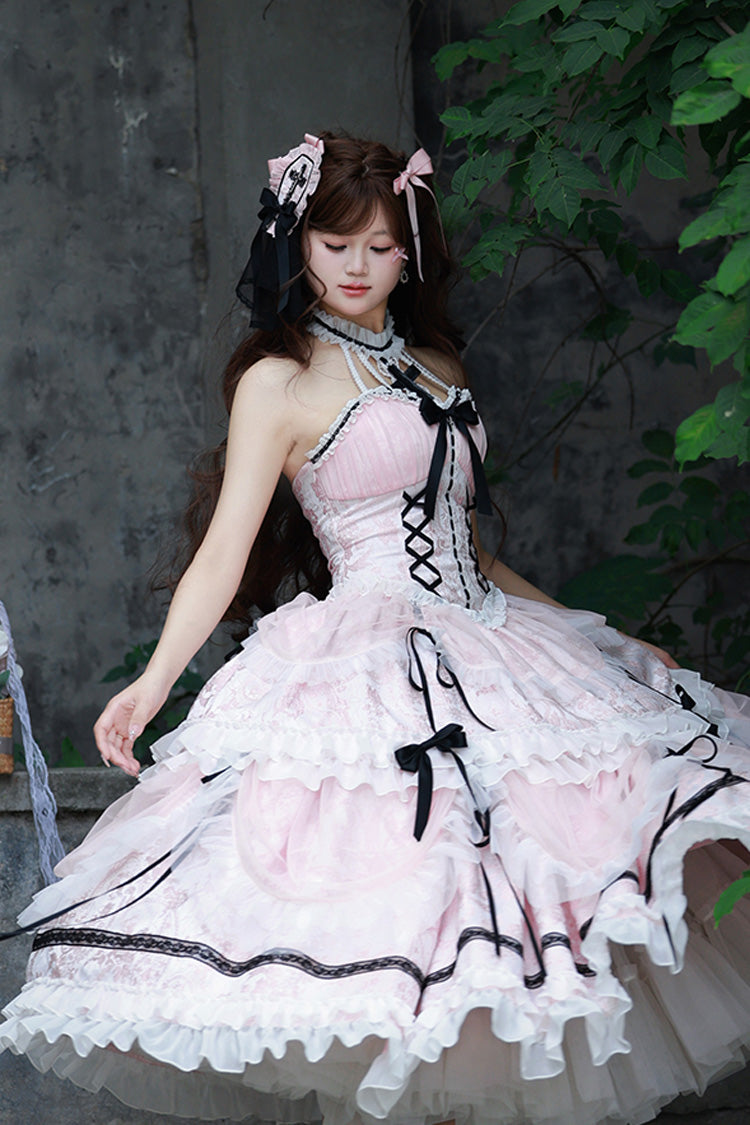 Gothic Lolita Dress - Cross Halterneck Ruffle Bowknot, Pink, Sweet Style, Bow Detail - additional product view 8