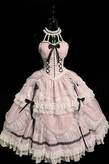 Gothic Lolita Dress - Cross Halterneck Ruffle Bowknot, Pink, Sweet Style, Bow Detail - additional product view 9