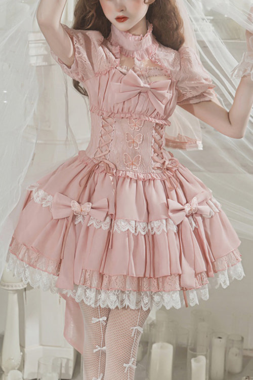 Gothic Lolita Dress - Cross Round Collar Lace, Pink, Ruffled, Cross Detail, Sweet Style - main product image