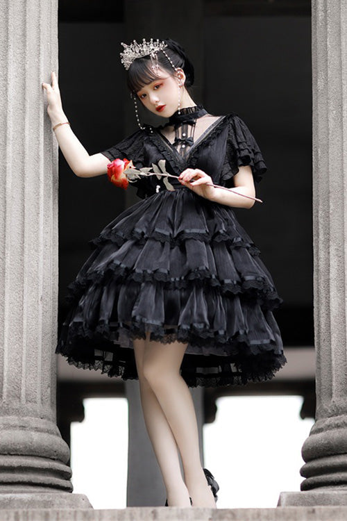 Gothic Lolita Dress - Dark Black Castle Night High, Black, High Waist, Layered, Ruffled - additional product view 3