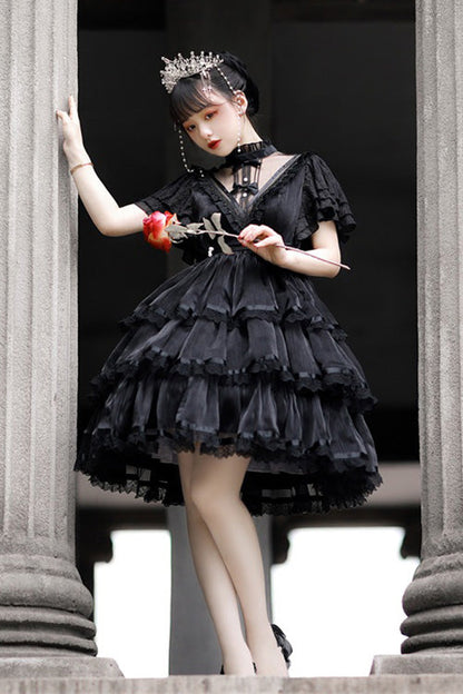 Gothic Lolita Dress - Dark Black Castle Night High, Black, High Waist, Layered, Ruffled - additional product view 3