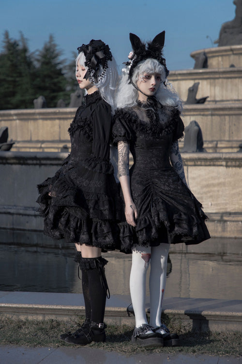 Gothic Lolita Dress - Dark Black High Waisted, Black, High Waist, Ruffled - additional product view 4