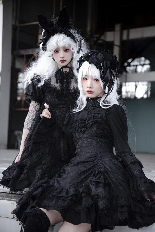 Gothic Lolita Dress - Dark Black High Waisted, Black, High Waist, Ruffled - additional product view 5