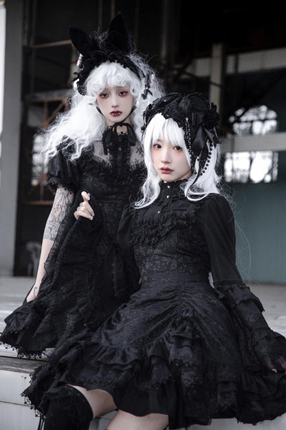 Gothic Lolita Dress - Dark Black High Waisted, Black, High Waist, Ruffled - additional product view 5