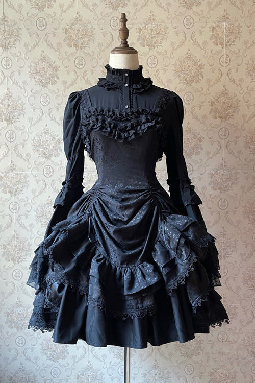 Gothic Lolita Dress - Dark Black High Waisted, Black, High Waist, Ruffled - main product image