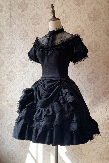 Gothic Lolita Dress - Dark Black High Waisted, Black, High Waist, Ruffled - XS Dark Black / M Dark Black / XL Dark Black option