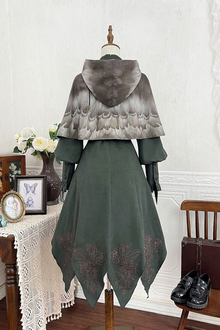 Gothic Lolita Dress - Dark Green Stand Collar, Green, Stand Collar, Ruffled, Embroidered - additional product view 3