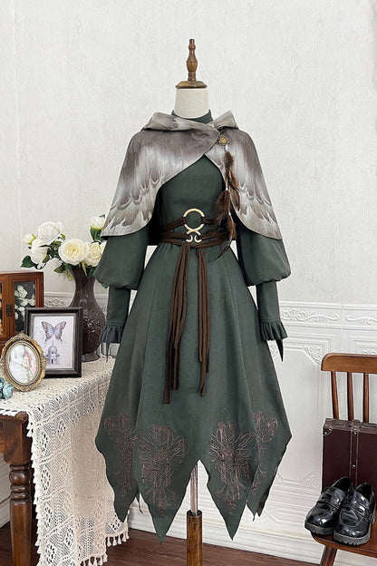 Gothic Lolita Dress - Dark Green Stand Collar, Green, Stand Collar, Ruffled, Embroidered - main product image