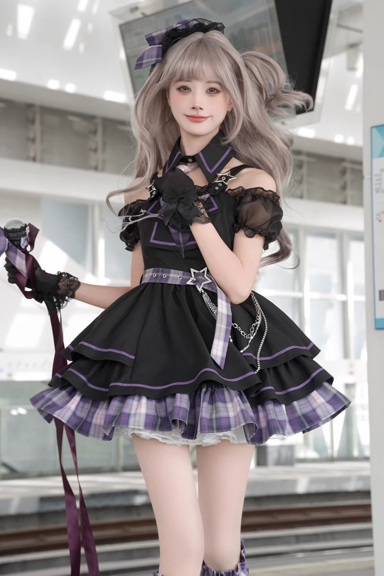 Gothic Lolita Dress - Dark Night Rose, Purple, Plaid, Printed, Layered - additional product view 3