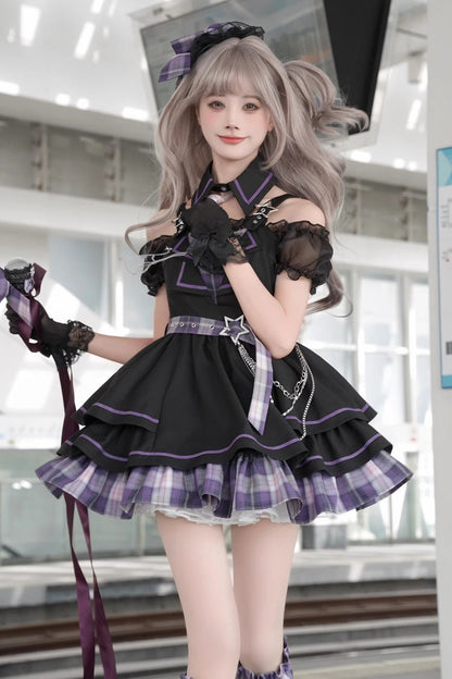 Gothic Lolita Dress - Dark Night Rose, Purple, Plaid, Printed, Layered - additional product view 3