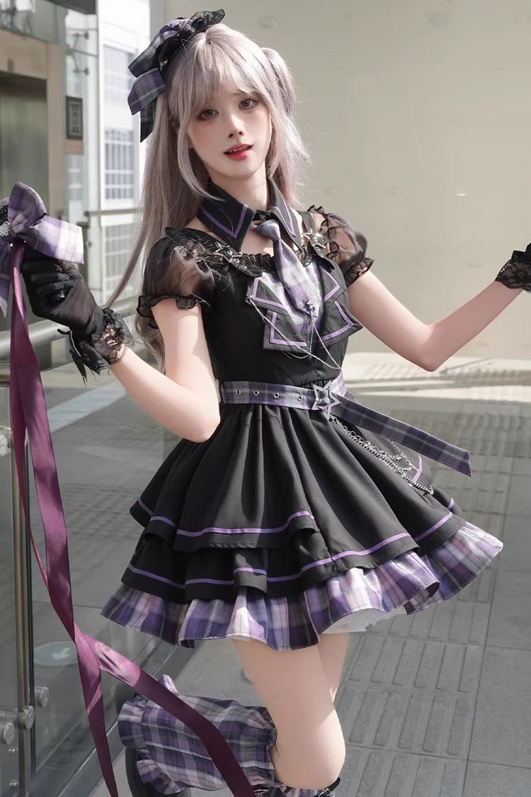 Gothic Lolita Dress - Dark Night Rose, Purple, Plaid, Printed, Layered - additional product view 4