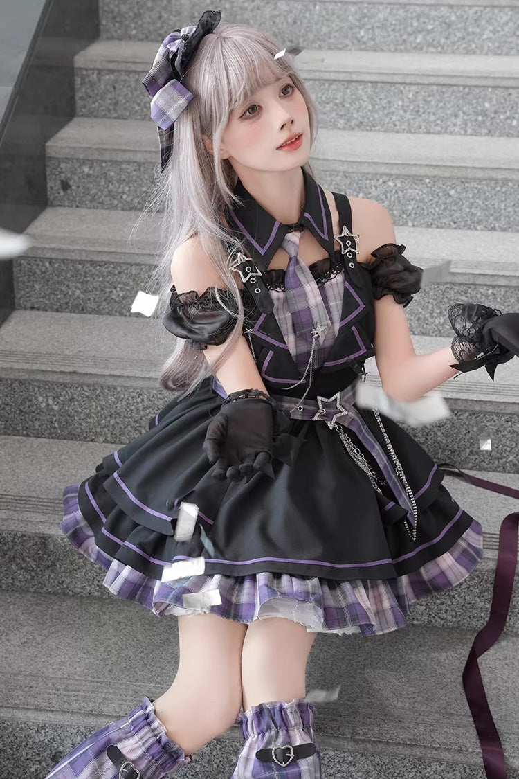 Gothic Lolita Dress - Dark Night Rose, Purple, Plaid, Printed, Layered - additional product view 5