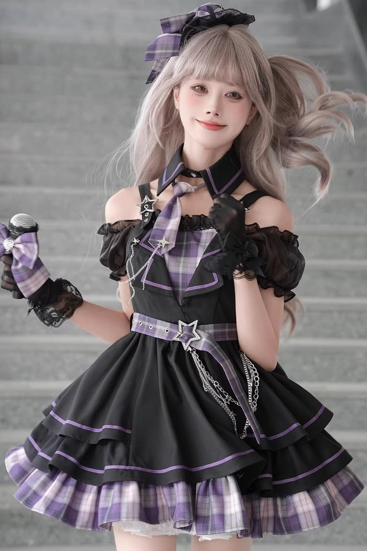 Gothic Lolita Dress - Dark Night Rose, Purple, Plaid, Printed, Layered - main product image