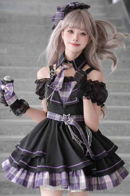 Gothic Lolita Dress - Dark Night Rose, Purple, Plaid, Printed, Layered - main product image