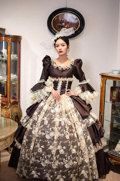 Gothic Lolita Dress - Dark Pattern Print Medieval, Brown, Long Length, Printed - additional product view 2
