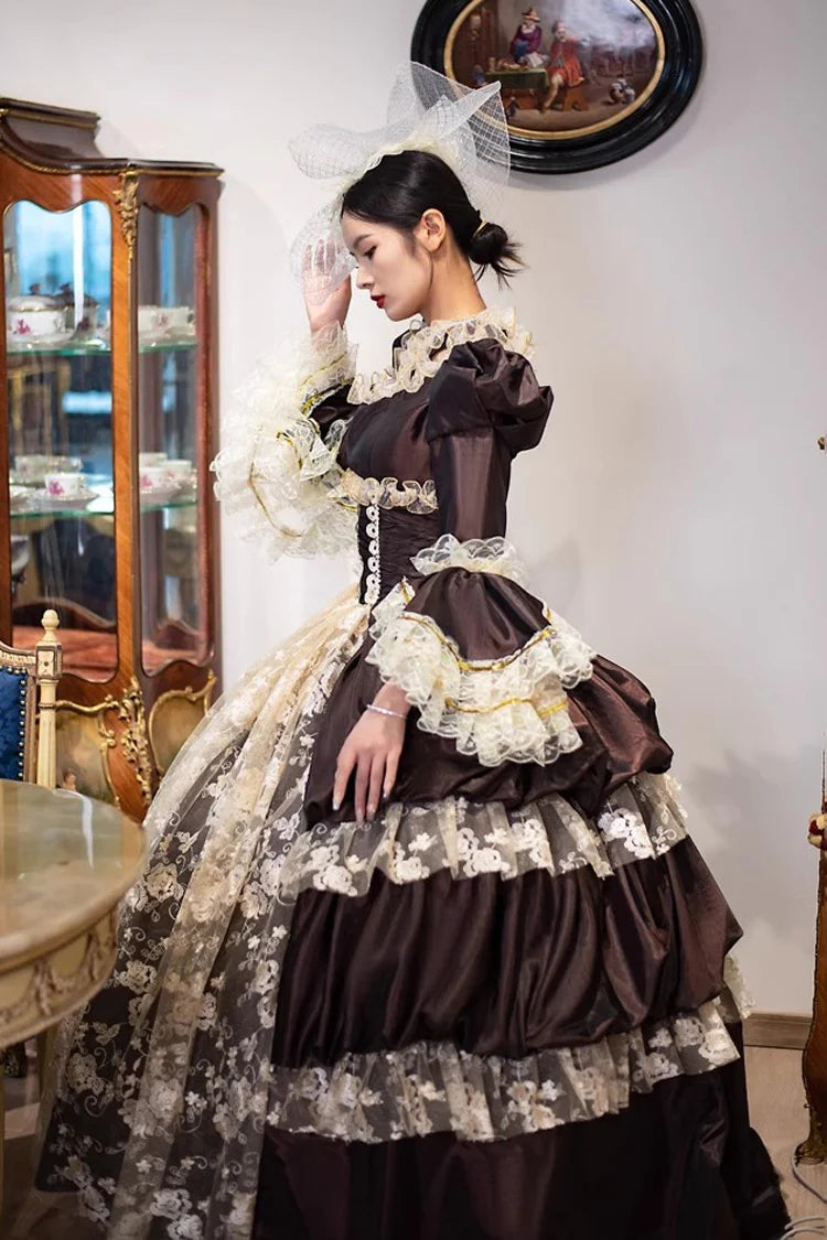 Gothic Lolita Dress - Dark Pattern Print Medieval, Brown, Long Length, Printed - additional product view 3