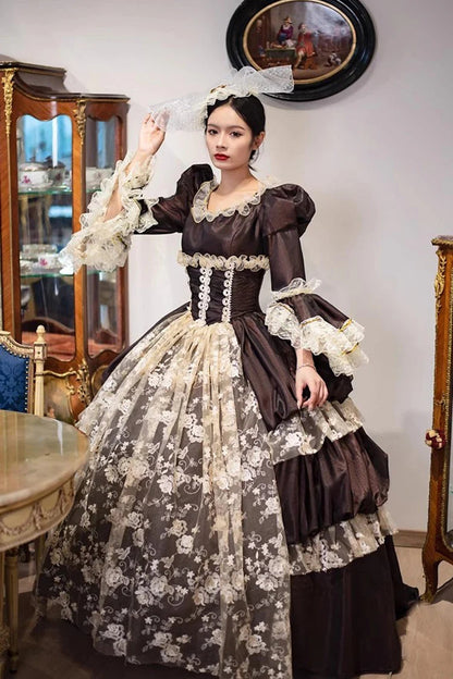 Gothic Lolita Dress - Dark Pattern Print Medieval, Brown, Long Length, Printed - additional product view 4
